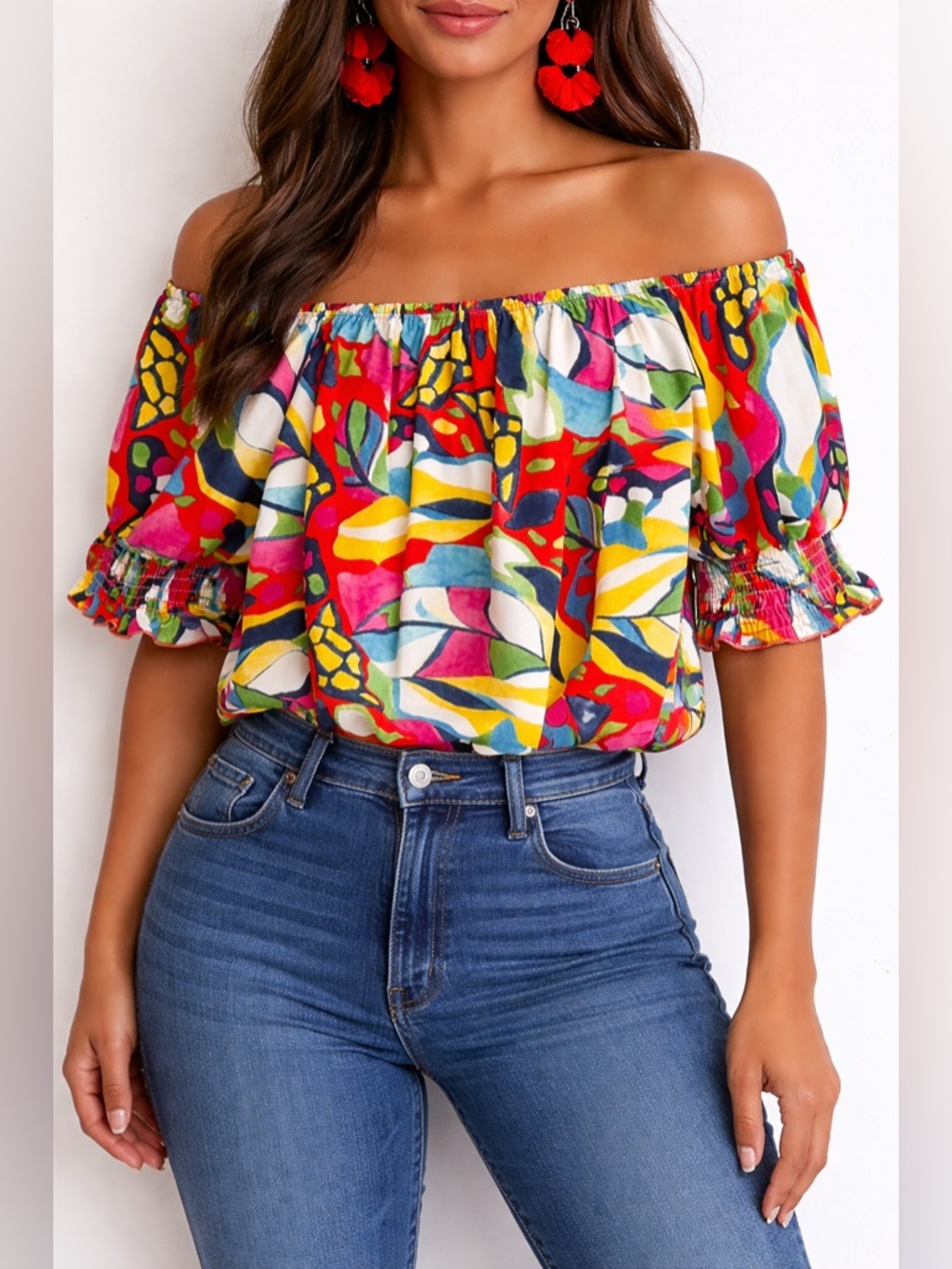 Colorful Off-Shoulder Top NWT Smocked Summer Blouse Small